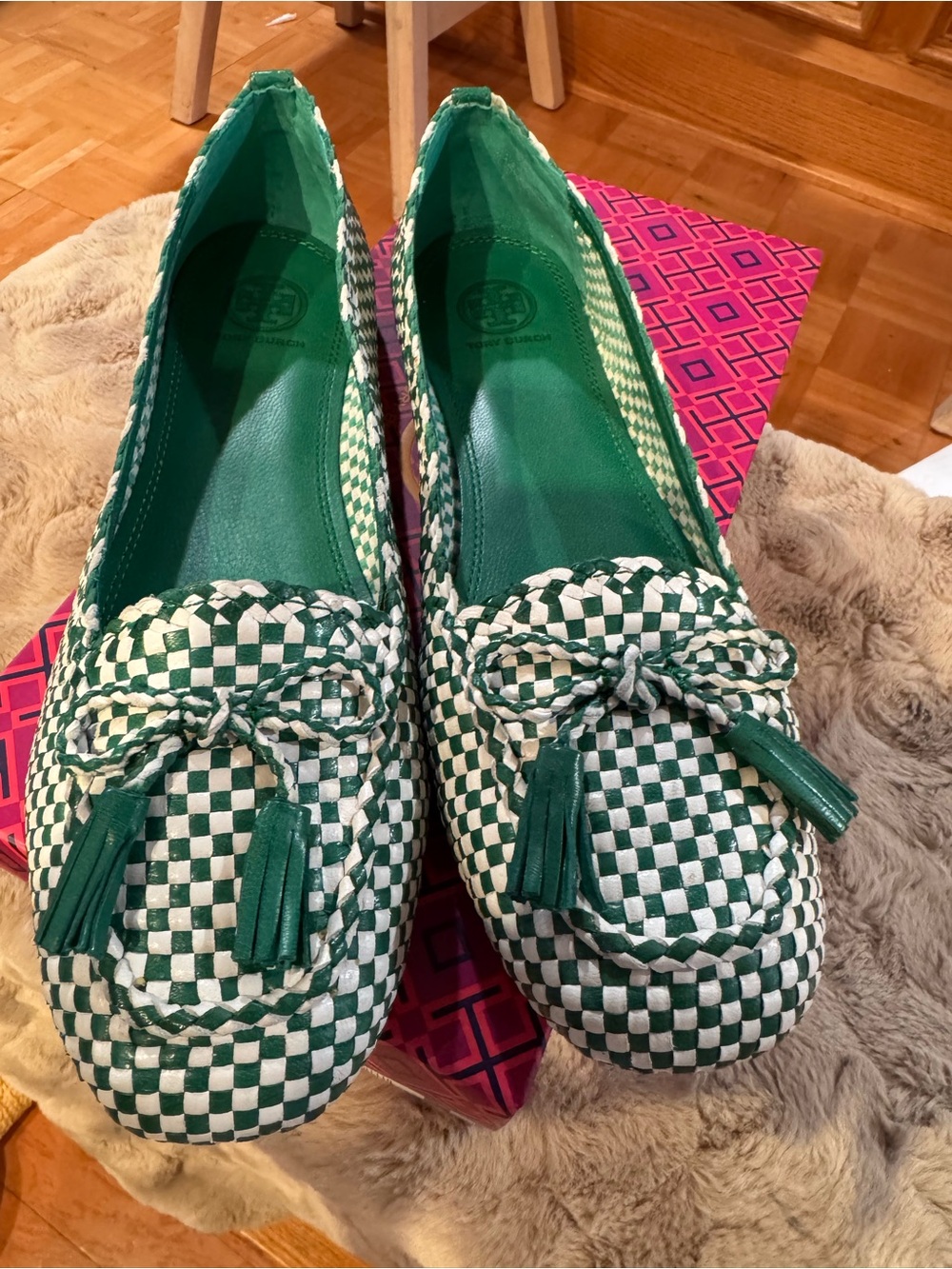Tory Burch Green and White Russell Loafer- Soft Kid